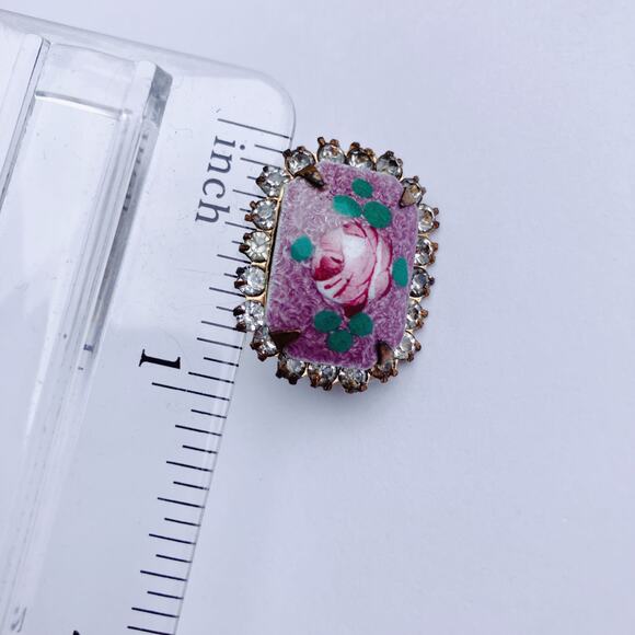 VTG 50s Reverse Painted Glass Rose Brooch Rhinestones Gold Tone Pin Mid Century - Picture 9 of 10